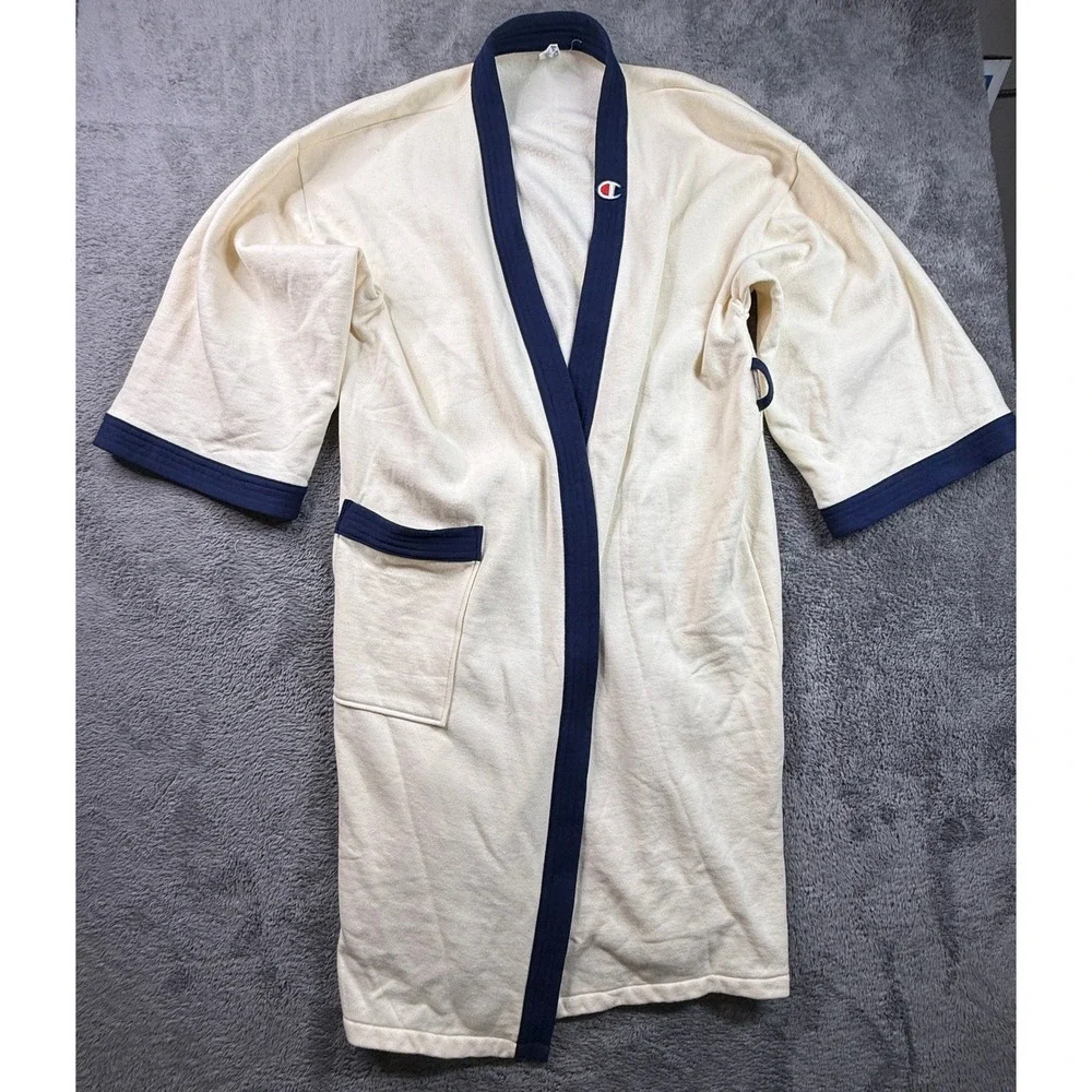Champion Fleece Robe Mens Large Ivory Excellent Vintage 90s USA Navy Trim